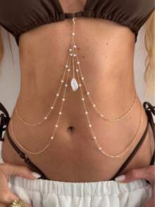 1件多层巴洛克不规则珍珠吊坠流苏身体链，性感比基尼链，多功能胸链/身体饰品，女士休闲日常假日身体饰品 - 金色 - 查看 1