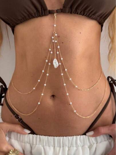 1件多层巴洛克不规则珍珠吊坠流苏身体链，性感比基尼链，多功能胸链/身体饰品，女士休闲日常假日身体饰品