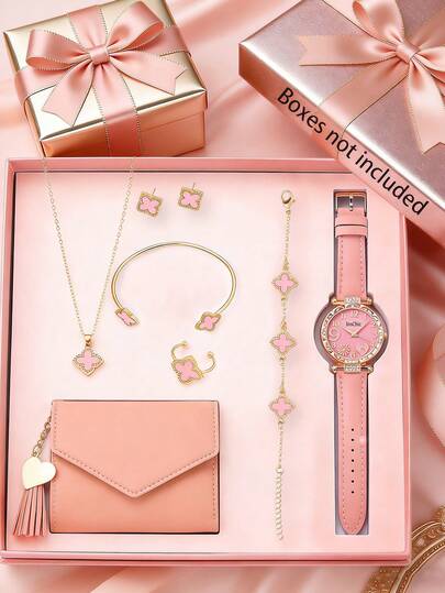 Fashionable Pink PU Leather Quartz Watch With Alloy Floral Necklace, Bracelet, Bangle, Ring, Earrings And Wallet Set. PU Leather Strap, Classic Floral Bezel Design, Firework Love Color Elements, Suitable For Daily, Party, Music Festival As Exquisite Gift, Birthday Present For Friends