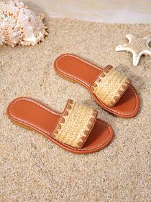 1 Pair Girls' Woven Straw Slide Sandals For Bohemian Casual Summer Wear - Burnt Orange - View 2