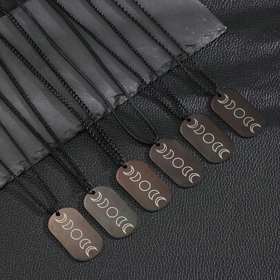 1pc Stainless Steel Black Military Tag Necklace With Moon Emblem, Personalized & Non-Fading, Men's Long Pendant Necklace, Sweater Chain, Casual Accessory