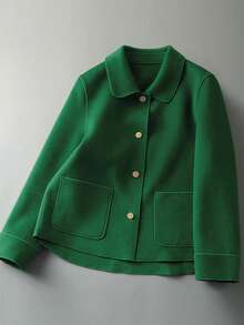 欧美时尚简约大码女式翻领单排扣高质感短款外套慵懒休闲纯色长袖复古气质宽松时尚衬衫舒秋装大码 - 綠色 - 查看 5