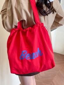 Bolsa con cordón 2026 nueva, bolsa de hombro de lona de gran capacidad, estampado de letras japonesas, material de nailon, bolsa de mano, adecuada para ir al trabajo - Rojo - Ver 2