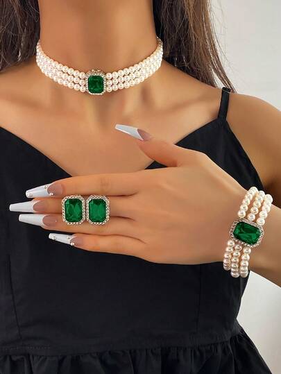 Luxury Square Cubic Zirconia Pearl Earrings, Necklace And Bracelet Jewelry Set For Women, Wedding