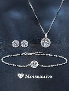 4pcs 925 Silver 2.5ct Moissanite Necklace, Bracelet, Earrings Set, Elegant Fashion Jewelry Suitable For Women's Daily Wear, Party, Vacation, Wedding Anniversary, Gift - 銀色 - 查看 1