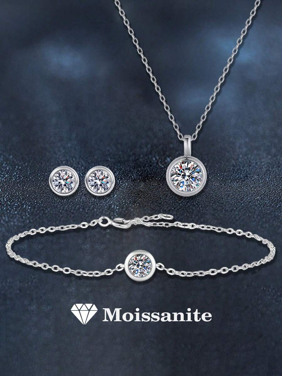4pcs 925 Silver 2.5ct Moissanite Necklace, Bracelet, Earrings Set, Elegant Fashion Jewelry Suitable For Women's Daily Wear, Party, Vacation, Wedding Anniversary, Gift - 銀色 - 查看 1
