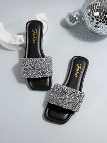 1 Pasang Sandal Selop Datar/Warna Polos Desain Datar Bagian Atas Mengkilap Desain Indah Dekorasi Rhinestone Mudah Dipakai dan Dilepas Mudah Dibersihkan Elegan Canggih Modis Serbaguna Cocok Untuk Pemakaian Sehari-hari Belanja Kencan Liburan Perjalanan Sandal Selop Wajib Dimiliki - Hitam - View 3