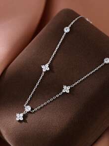 1 chiếc vòng cổ hình cỏ bốn lá may mắn bằng bạc Sterling S925, mặt dây chuyền hình hoa đính đá Cubic Zirconia cổ điển thanh lịch, dây chuyền kiểu INS ngọt ngào nữ tính, quà tặng cho phụ nữ. - cỏ bốn lá - Xem 2
