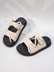 Girls' Beige Suede Bow Slide Sandals, Sweet Open Toe Summer Shoes For Kids - Beige - View 7