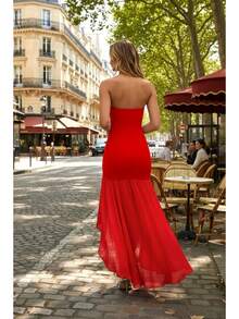 Women's Strapless Maxi Dresses Bodycon Mesh Fishtail With Slit Wedding Guest Cocktail Party Evening Dress - Red - View 3