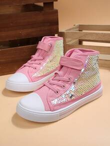 High Top Kids Sneakers Breathable Non Slip Glitter Canvas Shoes Cute Hook Loop Walking Casual Shoes For Toddler Boys And Girls Everyday Wear - Kim sa màu hồng - Xem 5