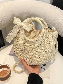 [US-Based Shipping]Leisure Handbag Crossbody Bag,Bohemian Lace Bow Straw Crossbody Bag For Women – Hollow Woven Rattan Handbag With Top Handle, Summer Beach Tote Purse, Vintage Lace Decor Shoulder Bag Perfect For Vacation, Beach Trips And Daily Outings, Boho Chic Mini Basket Bag,Summer,Women Bags For Vacation,Holiday, Straw Purse, Straw Beach Bag, Beach Necessities, Beach Essentials,Beach Stuff & Summer Essentials, Fashionable Vacation Bag For Summer - Màu be - Xem 8