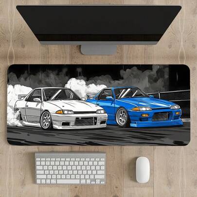 White Blue Cars Desk Pad, Stitched Edges Mouse Pad, Large Office Desk Mat, Non-Slip Gaming Mouse Pad, Laptop Desk Pad, Desk Writing Pad For Office And Home