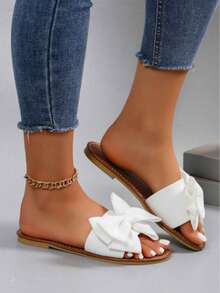 White Bow Open Toe Slides - Cute Summer Sandals For Women Women's Brown & White Bow Sandals - Comfort Flat Open Toe Shoes Cute Bow Decor Slides - Stylish Open Toe Sandals For Daily Wear Summer Bow Open Toe Sandals Flat Slides For Vacation Affordable White Bow Slides - Cute Open Toe Sandals For Women - 白色 - 查看 4