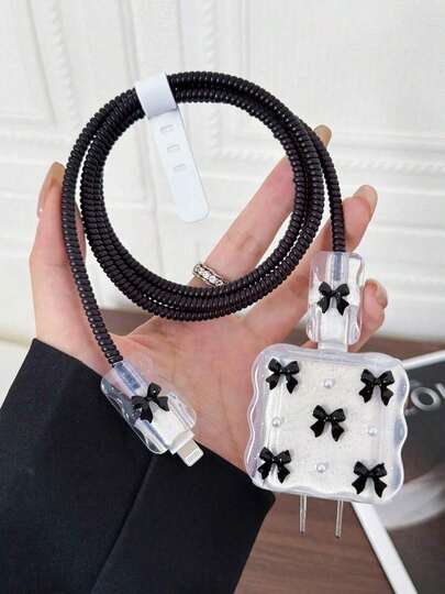 5pcs Small Black Bow And White Pearls Design Mobile Phone Charger Set 20W/18W, Charging Cable Protection Rope, Charging Head Protection Case