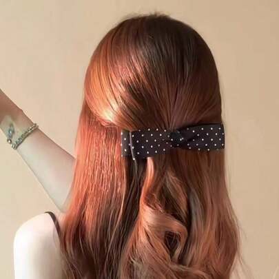 可爱波点蝴蝶结发夹，复古皮革质感侧夹，优雅日常发饰