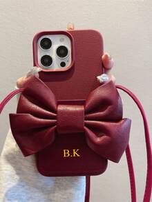 Customized Letter Name Faux Leather Bow Crossbody Card Holder Lanyard Phone Case, Compatible With Apple, Suitable For Daily Use And Outdoor Carrying, Shockproof, Anti-Drop, Anti-Scratch Card Slot Phone Case, Great Birthday Gift, Christmas Gift, Personalized Gift For Women - Black - View 6