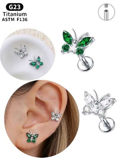 1枚ASTM F136钛金属内螺纹平底蝴蝶耳钉，适合男女敏感耳部，可用于耳垂、耳软骨、耳廓、鼻部、唇部等部位穿孔，粉色和蓝色可选。