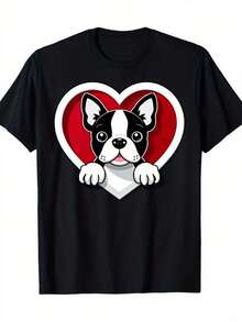 Men's Casual T-Shirt. Black Short-Sleeved T-Shirt With A Round Neck And A Red Heart-Shaped Terrier Dog Print. | Casual Everyday Graphic T-Shirt - 黑色 - 查看 8