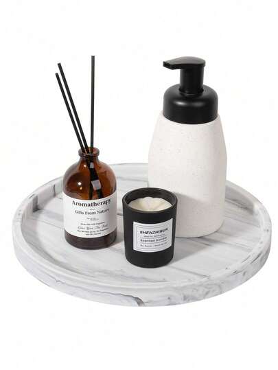 1pc Round Marble Pattern Silicone Bathroom Vanity Tray, Suitable For Vanity, Can Store Perfume, Lotion, Candles, Cosmetics, Jewelry, Also Can Be Used As Soap Dish, Countertop Coffee Table Decor Organizer