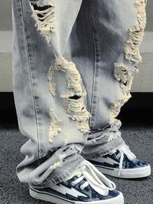 Mens Ripped Baggy Jeans Loose Fit Distressed Denim Pants Light Wash Y2K Streetwear Wide Leg Style - Champagne - View 9