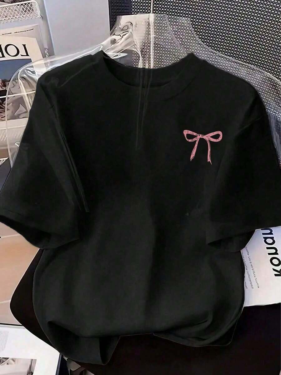Camiseta de manga corta de cuello redondo con estampado de lazo, informal, para mujer, de verano - Negro - Ver 1