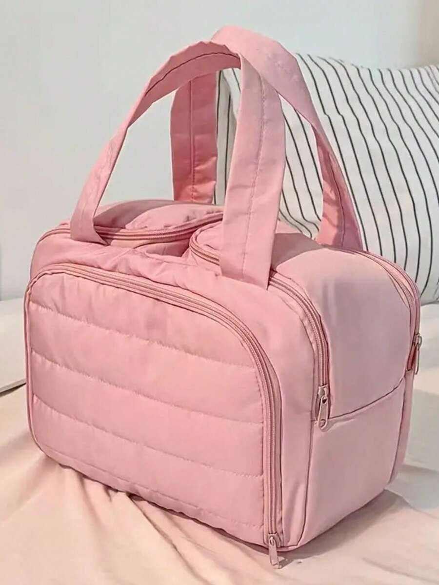 Nueva bolsa de maquillaje de viaje vertical, diseño de gran capacidad y de múltiples capas con asa, organizador portátil de artículos de tocador para mujeres