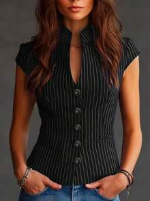 条纹前开襟纽扣翻领衬衫，适合办公室穿着，黑色 - 黑色 - 查看 1