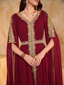 Vestido de noche SUPGIR para mujer con escote en V, adornado a mano con pedrería, patchwork flotante, puños ajustados y fruncido de gasa - Burdeos - Ver 5