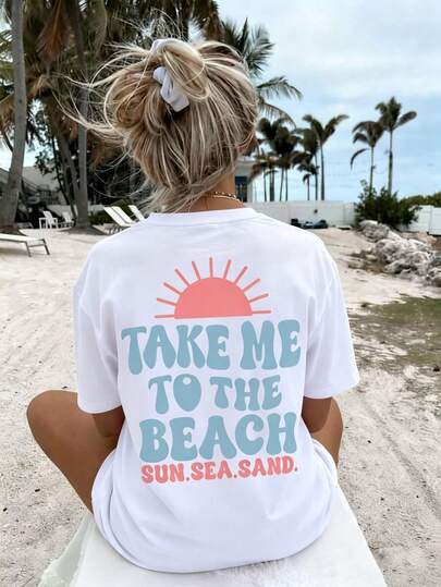 卡通沙滩标语印花圆领T恤，柔软休闲上衣，适合年轻女孩，春夏度假穿着