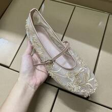 Women's High Heels, New Summer Shoes For Women ZA Spain, Mesh Ballet Flats Embroidered With Faux Pearls, Low Heels, High Heels For Women. - 杏色 - 查看 1
