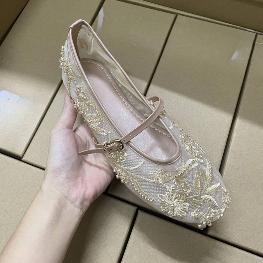 Women's High Heels, New Summer Shoes For Women ZA Spain, Mesh Ballet Flats Embroidered With Faux Pearls, Low Heels, High Heels For Women. - 杏色 - 查看 1