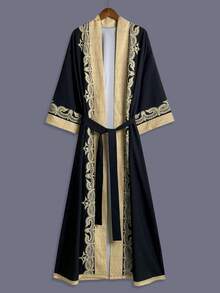 复古佩斯利印花长袖和服罩衫，轻便休闲女式外套，优雅波西米亚风格，适合派对、海滩、旅行、度假，宽松长袍配腰带，节日服装，黑色 - 黑色 - 查看 1