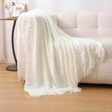 1pc Solid Color Knitted Blanket, Nordic Style Tassel Design Soft Throw Blanket, Suitable For Office Nap, Bed, Sofa, Daily Use - White Seashell Scarf - View 6