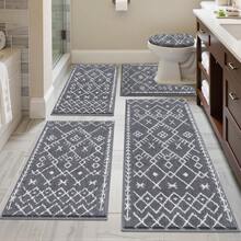 Pauwer Bathroom Rugs Sets 5 Piece With Lid Cover Bathroom Shower Rugs With U-Shaped Contour Toilet Mat Absorbent Microfiber Plush Bath Mats Non Slip Bath Rugs 4 Piece Machine Washable Bathroom Floor Mats - Dark Grey Pattern - 查看 9