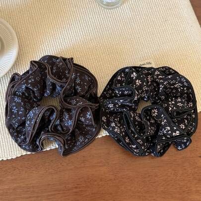 Extra Large Vintage Floral Scrunchie, Double-Layer Ruffle Edge, High Elasticity Hair Tie, Elegant Hair Accessory For Women