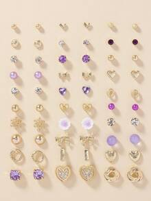 30 Pairs Elegant & Fashionable Heart, Flower, Snowflake Pattern Earrings Set, Versatile For Friends Gift, Daily, Party, Holiday Wear - Multicolor - View 6