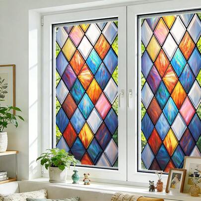 1/5 قطع من الأغشية الملونة ذات النمط الهندسي الماسي للزجاج المعشق، غشاء خصوصية لاصق قابل للإزالة لتغطية زجاج الأبواب والنوافذ في غرفة المعيشة، ديكور منزلي