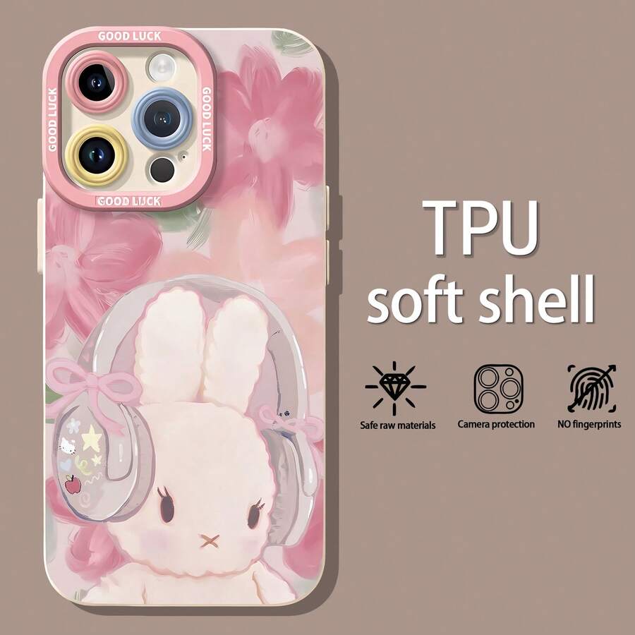 Auriculares con diseño de conejito y flores de color rosa suave.funda de teléfono Fundas compatibles con ,Apple,VIVO,OPPO,,, y Honor.Fabricadas en silicona TPU,ofrecen protección contra golpes y caídas. - Blanco - Ver 1