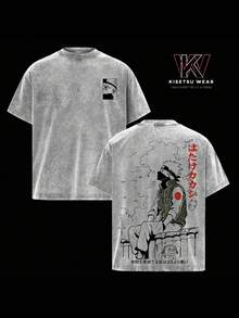Vintage Washed OversizedT-Shirt -  Anime Graphic Tee, CopyNinja Kakashi Manga Art Shirt, Soft CottonCasual Streetwear Apparel, Unisex Top, Giftfor  Fans - 灰色 - 查看 1