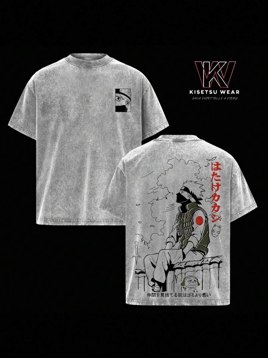 Vintage Washed OversizedT-Shirt -  Anime Graphic Tee, CopyNinja Kakashi Manga Art Shirt, Soft CottonCasual Streetwear Apparel, Unisex Top, Giftfor  Fans - 灰色 - 查看 1