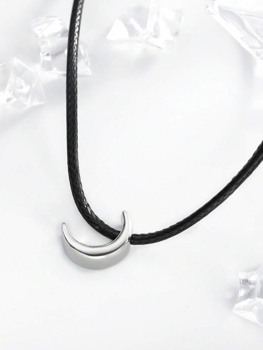 1pc Stainless Steel Moon Pendant Adjustable Wax Rope Necklace, Fashionable & Personalized For Men - Multicolor - View 1