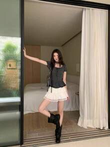 荷叶边拼接波点短袖衬衫，优雅修身纯色夏季女式上衣 - 灰色 - 查看 3