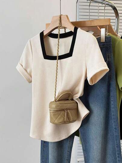 1pc Women Plus Size Square Neck Contrast Color Loose Casual T-Shirt, Suitable For Home, Commute And Outings, Spring/Summer