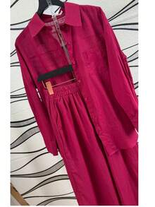 Women's Cotton And Linen Shirt And Pants Set - 酒紅色 - 查看 1