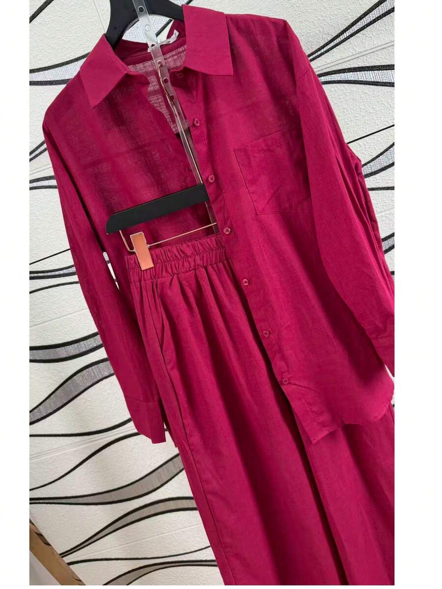 Women's Cotton And Linen Shirt And Pants Set - 酒紅色 - 查看 1
