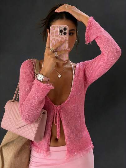 Women's Spring/Summer New Knit Top, Pink Solid Color With Tie, Hollow-Out And Tassel Patchwork, Casual Resort Style, Suitable For Beach Vacation And Travel, Women's Jacket, Resort, Bohemian, Women's Summer Clothing