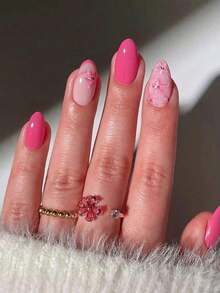 24pcs Medium Almond Shaped Nail Stickers, White French Pointed Tip, Floral Pattern, Fashionable Full Coverage, Suitable For Women & Girls Daily Wear, Summer Nail Art Nails Nail Supplies - 粉色 - 查看 7