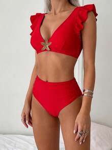 Conjunto de bikini de vacaciones de alta gama, elegante y adelgazante, color rojo - Rojo - Ver 5