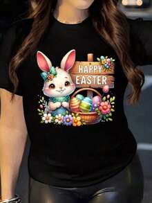 Playera con diseño de conejo de pascua, estampado, colorido, alegre, moderno, cuello redondo, manga corta, ideal para todos los días, llamativa, holgada, a la moda, ideal para tí. - Negro - Ver 7